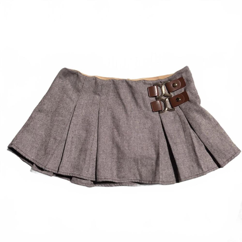 Dark Academia Pleated Brown Mini Skirt, Built in Shorts, buckle accents, sm/med
